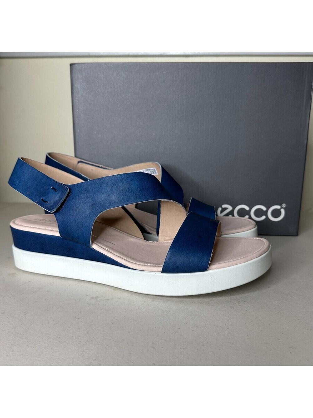 ECCO Touch Sandal Plateau Wedge Strap Indigo 5 Leather Womens 11-11.5 (42) NWB